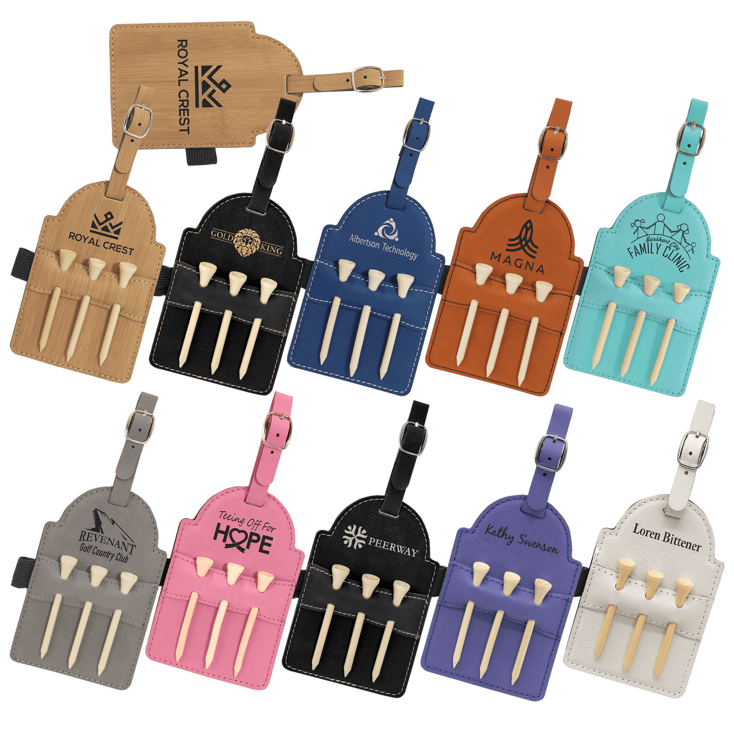 CUSTOM LEATHERETTE GOLF BAG TAGS 3 WOODEN TEES