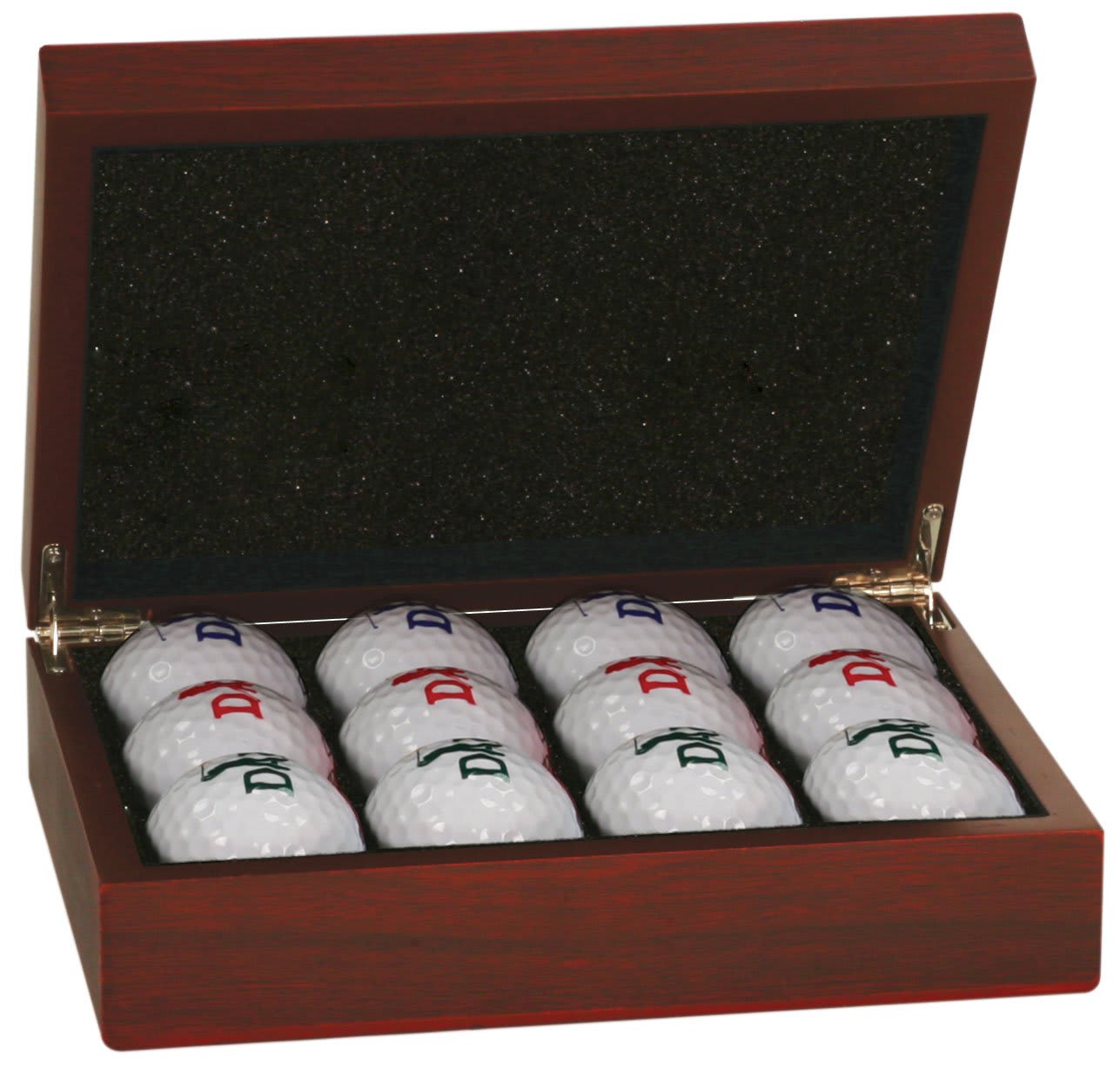 CUSTOM ROSEWOOD FINISH GOLF BALL BOX WITH 12 CUSTOM UV PRINTED BALLS