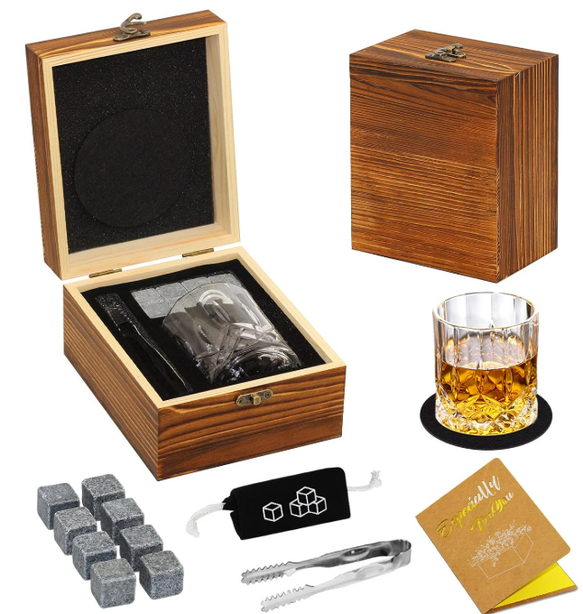 Custom Whiskey Glass Gift Set with Wooden Box