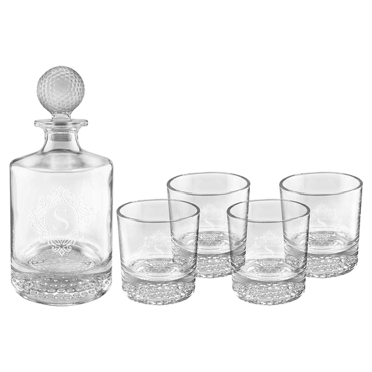 Custom Decanter Set - 850ml Golf Set with Four 9oz Rock Glasses