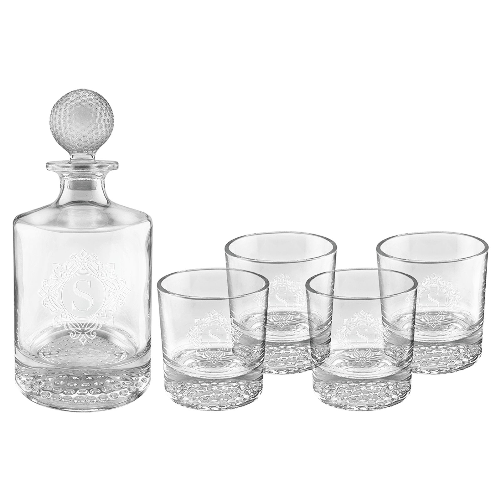 Custom Decanter Set - 850ml Golf Set with Four 9oz Rock Glasses