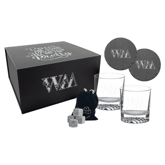 Custom Whiskey Set with (8) Granite Stones, and (2) Slate Coasters