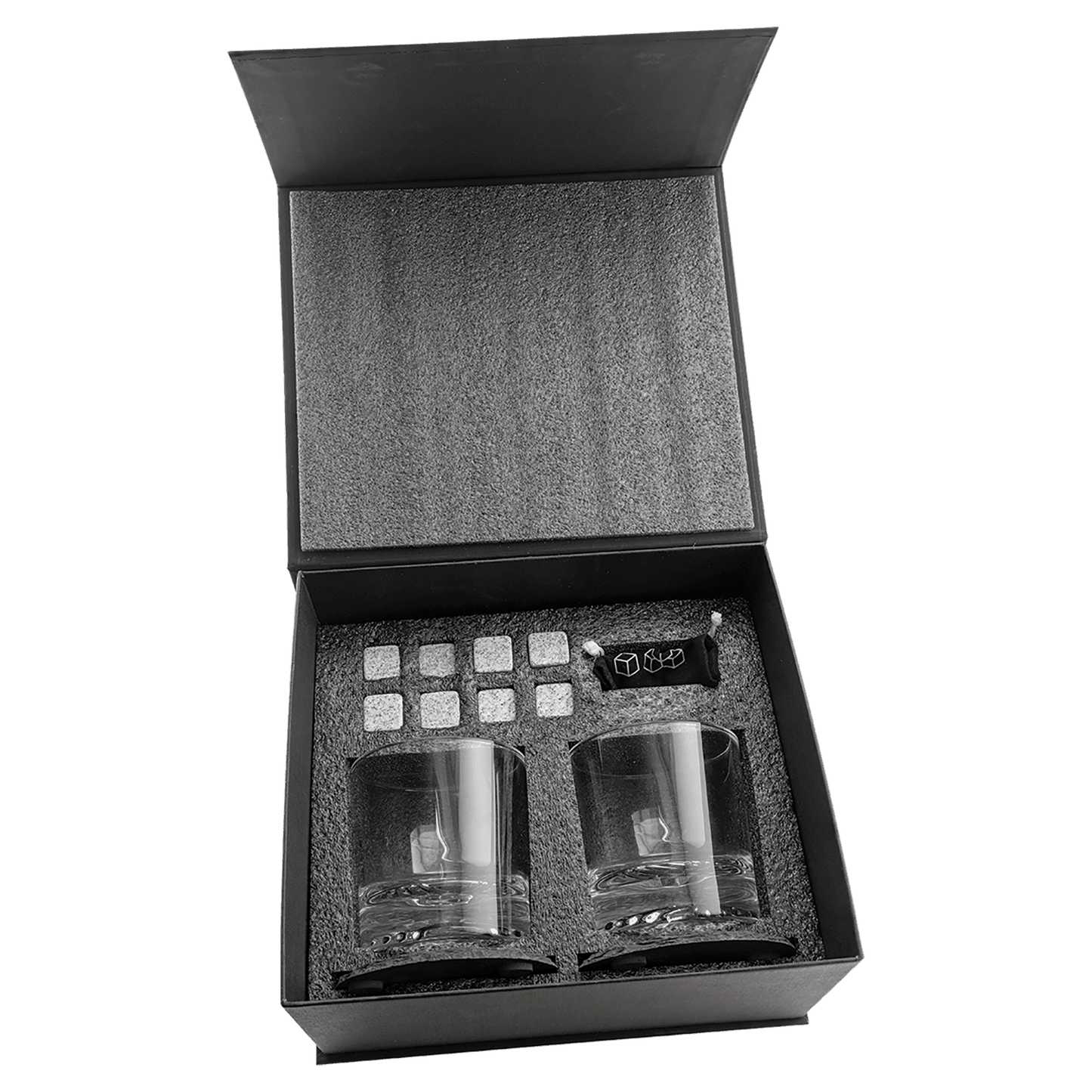 Custom Whiskey Set with (8) Granite Stones, and (2) Slate Coasters