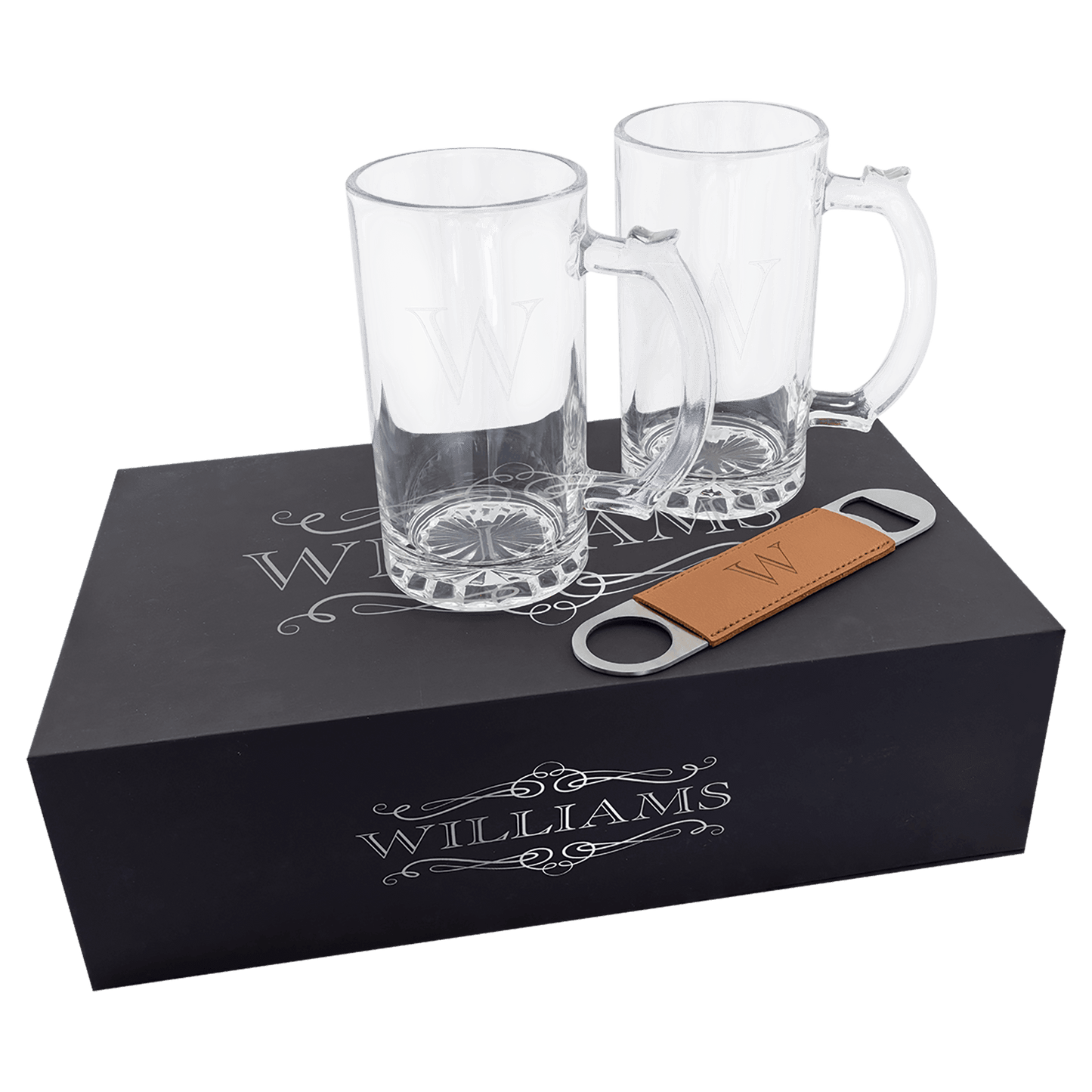 Custom Set of two 14oz Beer Mugs and Rawhide Leather Bottle Opener