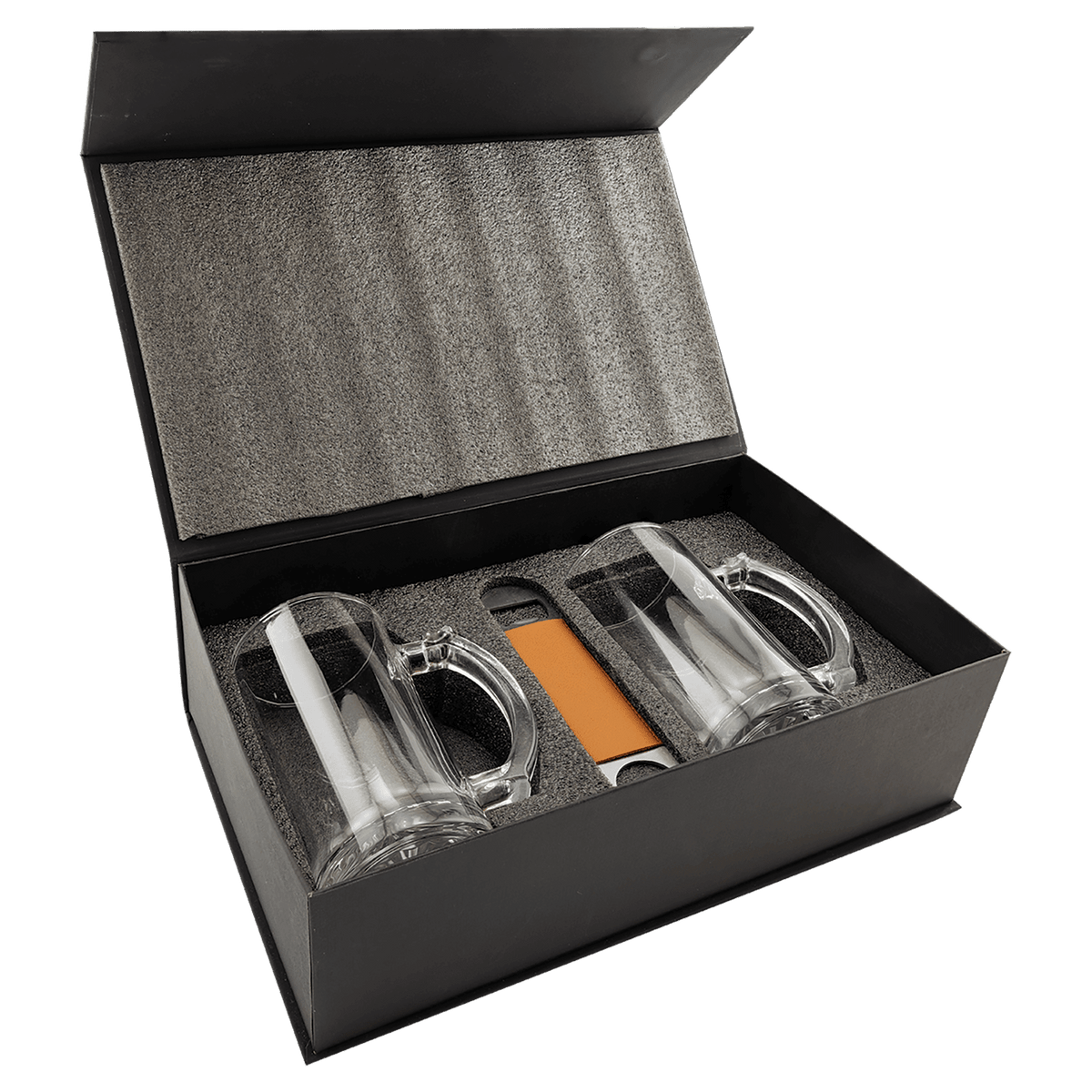 Custom Set of two 14oz Beer Mugs and Rawhide Leather Bottle Opener